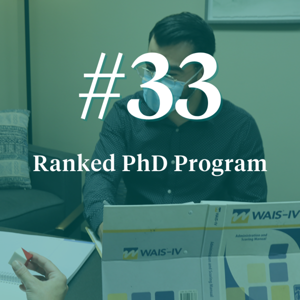 Masked male student administering a diagnostic test with text that reads #33 Ranked PhD Program